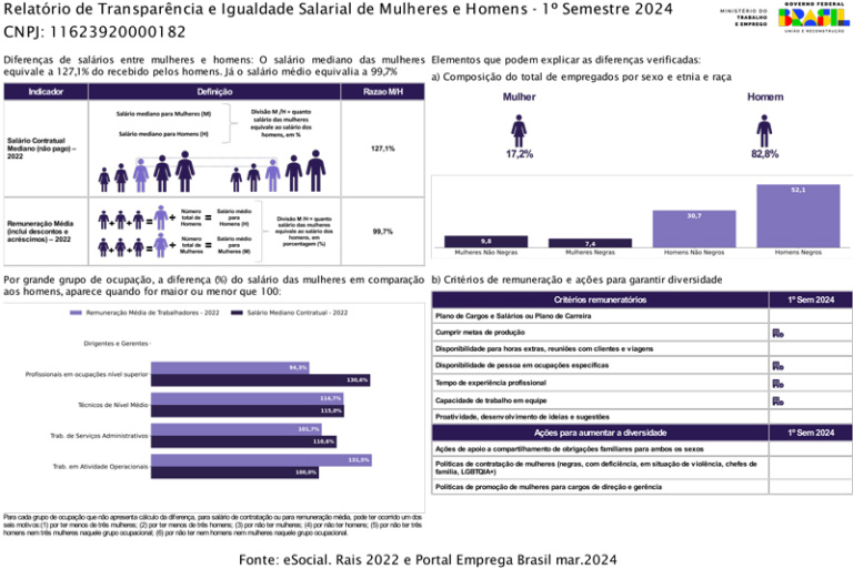 Relatório de Transparência e Igualdade Salarial de Mulheres e Homens 1º Semestre 2024 – CNPJ: 11623920000182